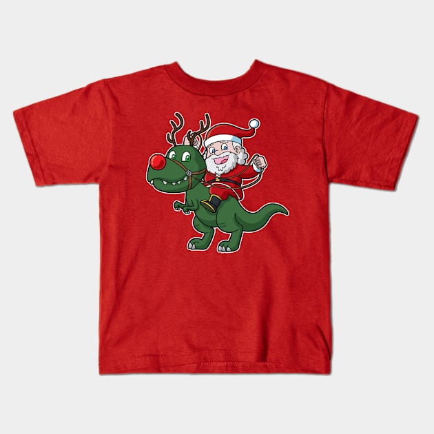 Santa Claus Riding T Rex Dinosaur Christmas Kids T-Shirt by E